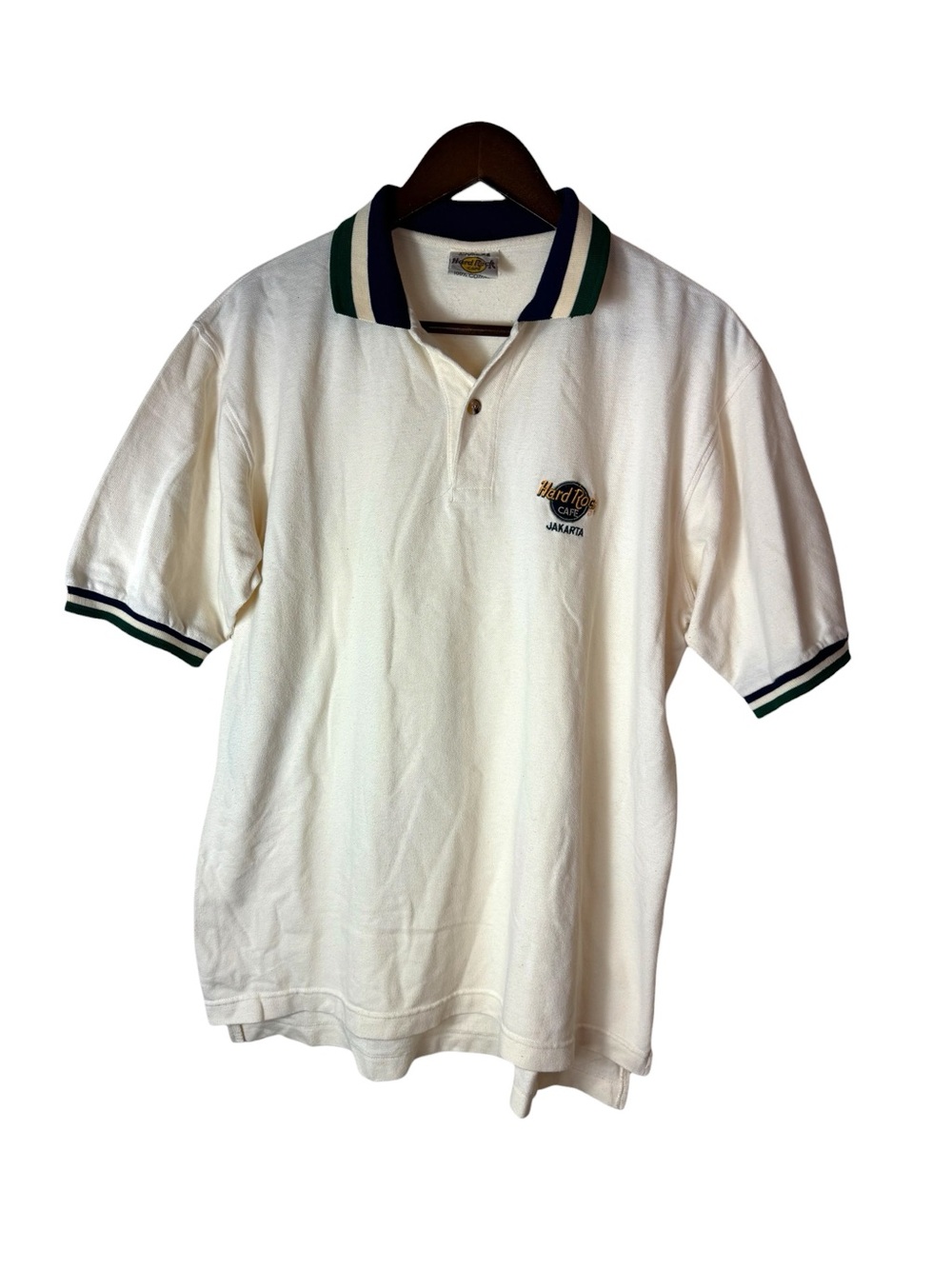 Vintage HARD ROCK CAFE Jakarta Polo Shirt Men Size XL Beige Green Blue